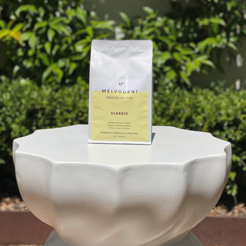 Melvourni Organic Classic Freddo Coffee - Espresso Ground, 250gr. 100% arabica beans certified organic ground roasted coffee. Superb flavour and quality just like Australians love it. Strong to medium roast and intensity and with a mesmerising aroma. Buy Freddo espresso online for delivery to your door anywhere in Australia.