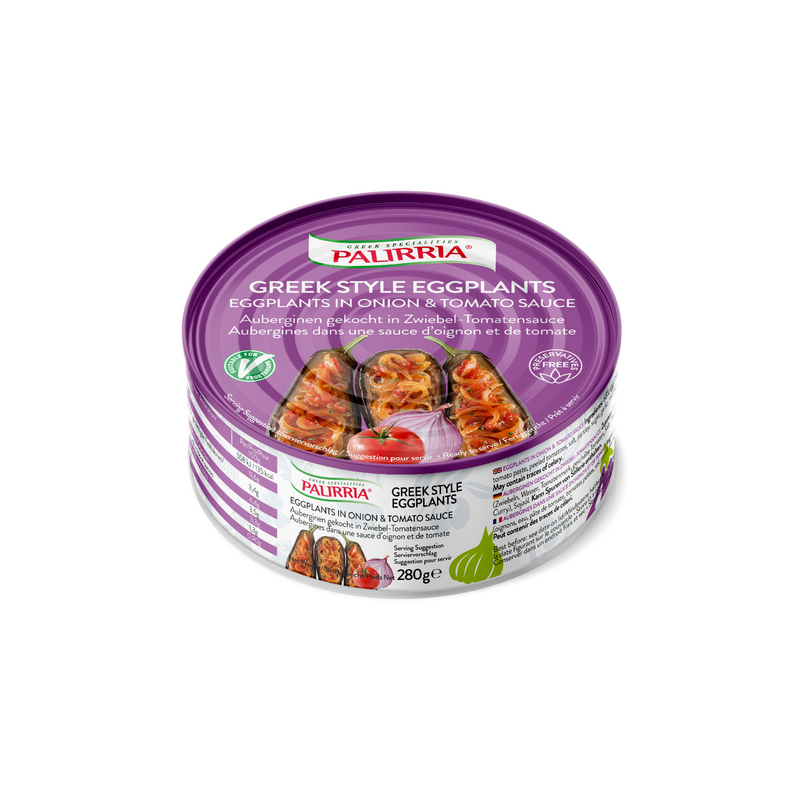 Greek eggplants in tomato sauce. A ready to eat vegan meal for free delivery to Sydney, Melbourne, Adelaide, Brisbane and Perth. Buy now for delivery to Australia.