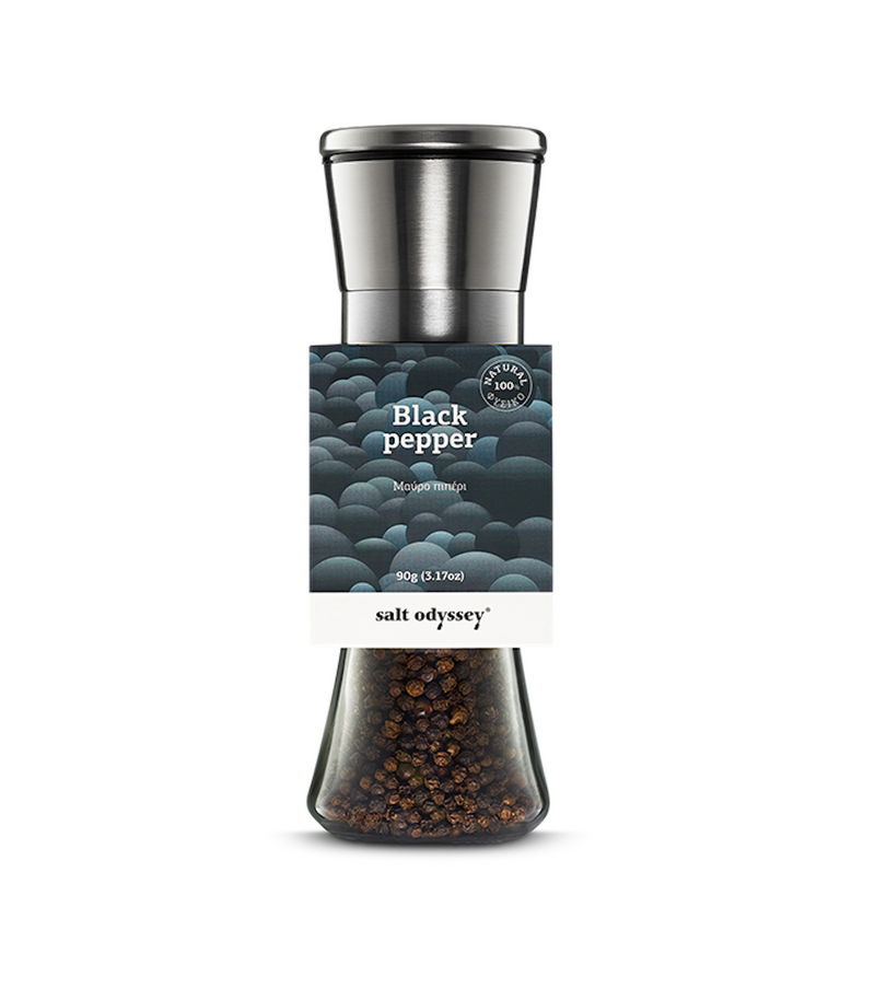 High quality natural black peppercorns in a luxurious ceramic mill. Best gourmet black pepper in Australia. Buy online from gourmet grocer Grecian Purveyor