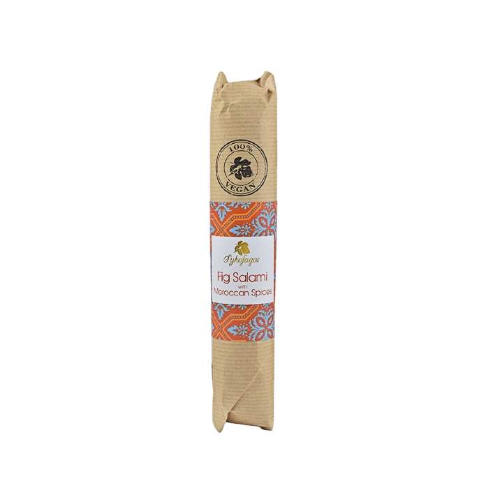 Vegan sausage made with dried figs from Greece for gourmet grocer Grecian Purveyor in Sydney. Best quality vegan fig salami in Australia. Buy online and get free delivery.