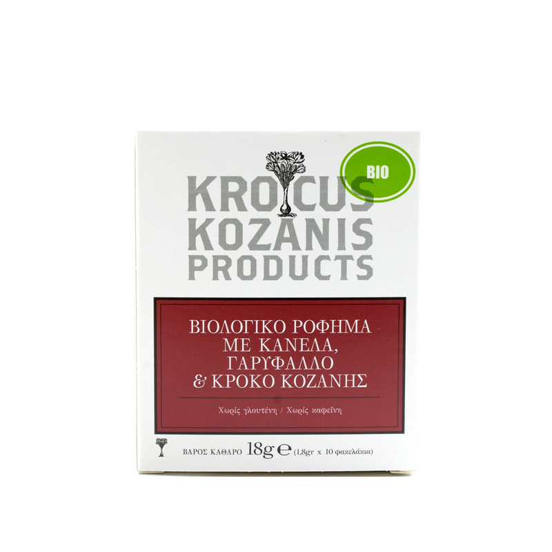 Organic vegan and gluten free herbal tea with cinnamon, clove and Greek red saffron. Best Greek products in Australia by gourmet grocer Grecian Purveyor.
