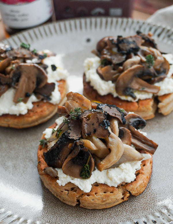 Truffle crumpets with ricotta and mushrooms recipe. An easy and quick brunch recipe with whole truffles by Grecian Purveyor.