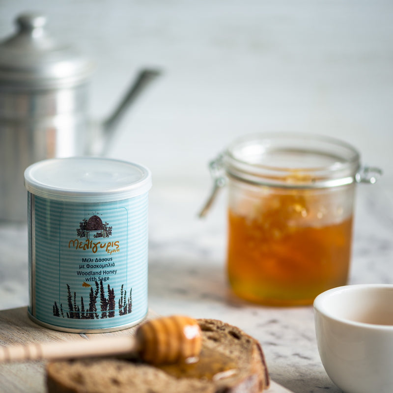Meligyris Cretan Woodland Raw Sage Honey - Light in colour, heavy bodied, with a mild & delightful flavour & elegant floral aftertaste.Pure, unfiltered, cold-pressed raw honey full of nutritional benefits 