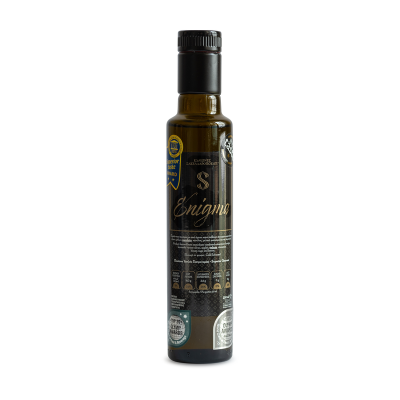Enigma Superior Flavoured Organic Extra Virgin Olive Oil - Unfiltered gourmet flavoured olive oil by an artisan.A superior gourmet extra virgin olive oil flavoured with walnuts,apples,cinnamon,honey,sage & lemon
