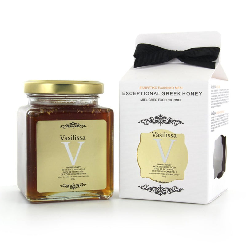 Organic Raw Greek Honey with Edible Gold. 24K gold flakes in thyme honey from organic food artisans from Greece. Perfect gourmet gift