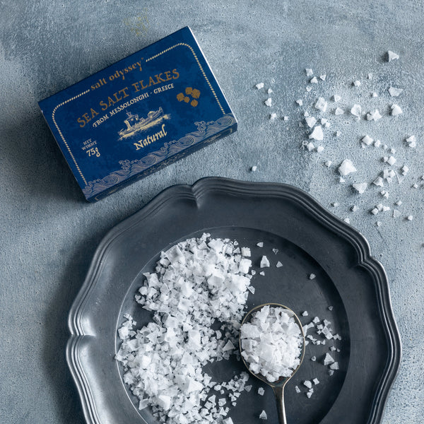 Natural Fine Sea Salt Flakes Premium, pure, pyramid-shaped sea salt flakes that are made naturally at the salt ponds of Messolonghi.