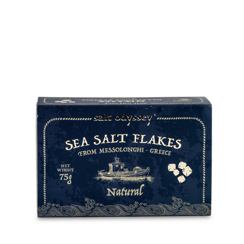 Natural Fine Sea Salt Flakes Premium, pure, pyramid-shaped sea salt flakes that are made naturally at the salt ponds of Messolonghi.