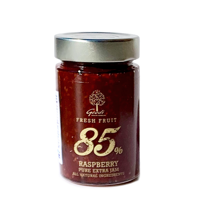 Homemade fresh raspberry jam made with 85% high quality raspberries from Greece, no preservatives and no additives. Grecian Purveyor.