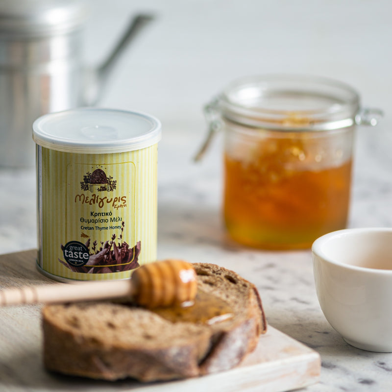 Meligyris - Cretan Raw Thyme Honey. exceptional honey, rich in aroma & full of flavour. A pure, unfiltered, cold-pressed raw honey with a golden colour, a rich botanical aroma & an intense taste