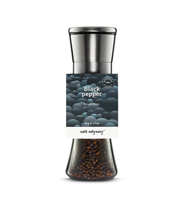 High quality natural black peppercorns in a luxurious ceramic mill. Best gourmet black pepper in Australia. Buy online from gourmet grocer Grecian Purveyor