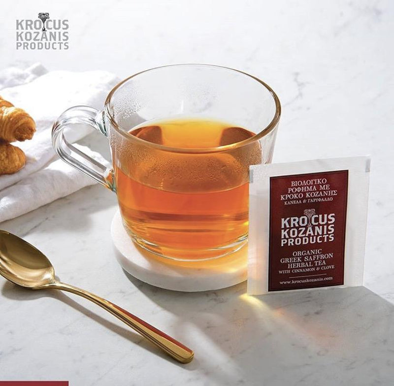 Organic vegan and gluten free herbal tea with cinnamon, clove and Greek red saffron. Best Greek products in Australia by gourmet grocer Grecian Purveyor. 