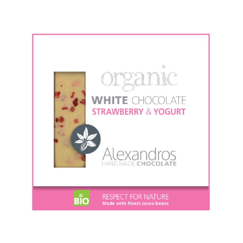 organic white chocolate with yoghurt and strawberry. tastes like strawberry cheesecake. artisan chocolates by grecian purveyor australia